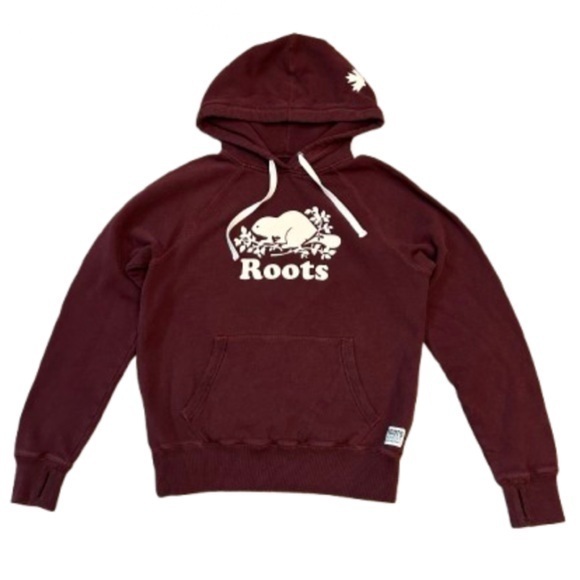 Roots Canada Classic Burgundy Hoodie with White Logo. Front Pocket & Thumb Holes - Picture 1 of 7